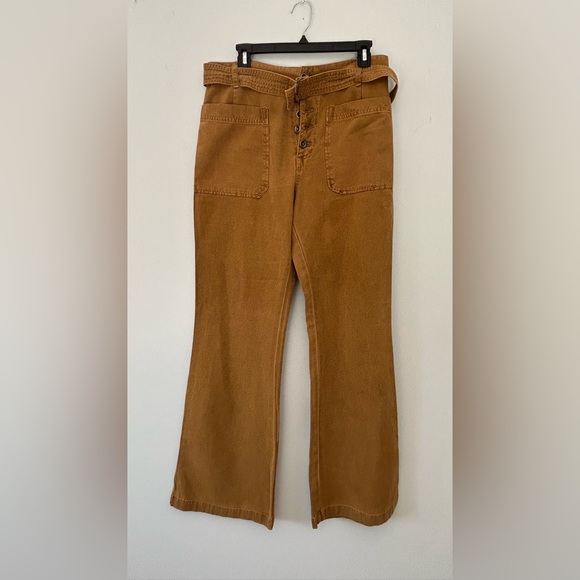 Free people Corin mod slim flare pants  brown/camel button fly belted  size 8 - Picture 3 of 10